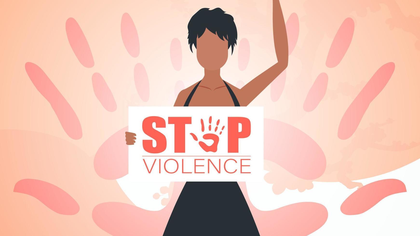 fermare violenza contro donne. un' donna detiene un' bandiera nel sua mani. un' forte donna protestare contro violenza. vettore illustrazione design.