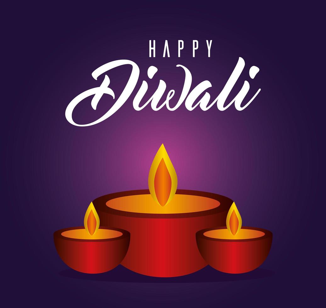 felice diwali candele su sfondo viola disegno vettoriale