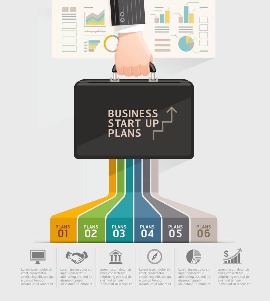 progettazione concettuale di pianificazione di avvio aziendale. mano dell'uomo d'affari che tiene borsa valigetta. illustrazione vettoriale. vettore