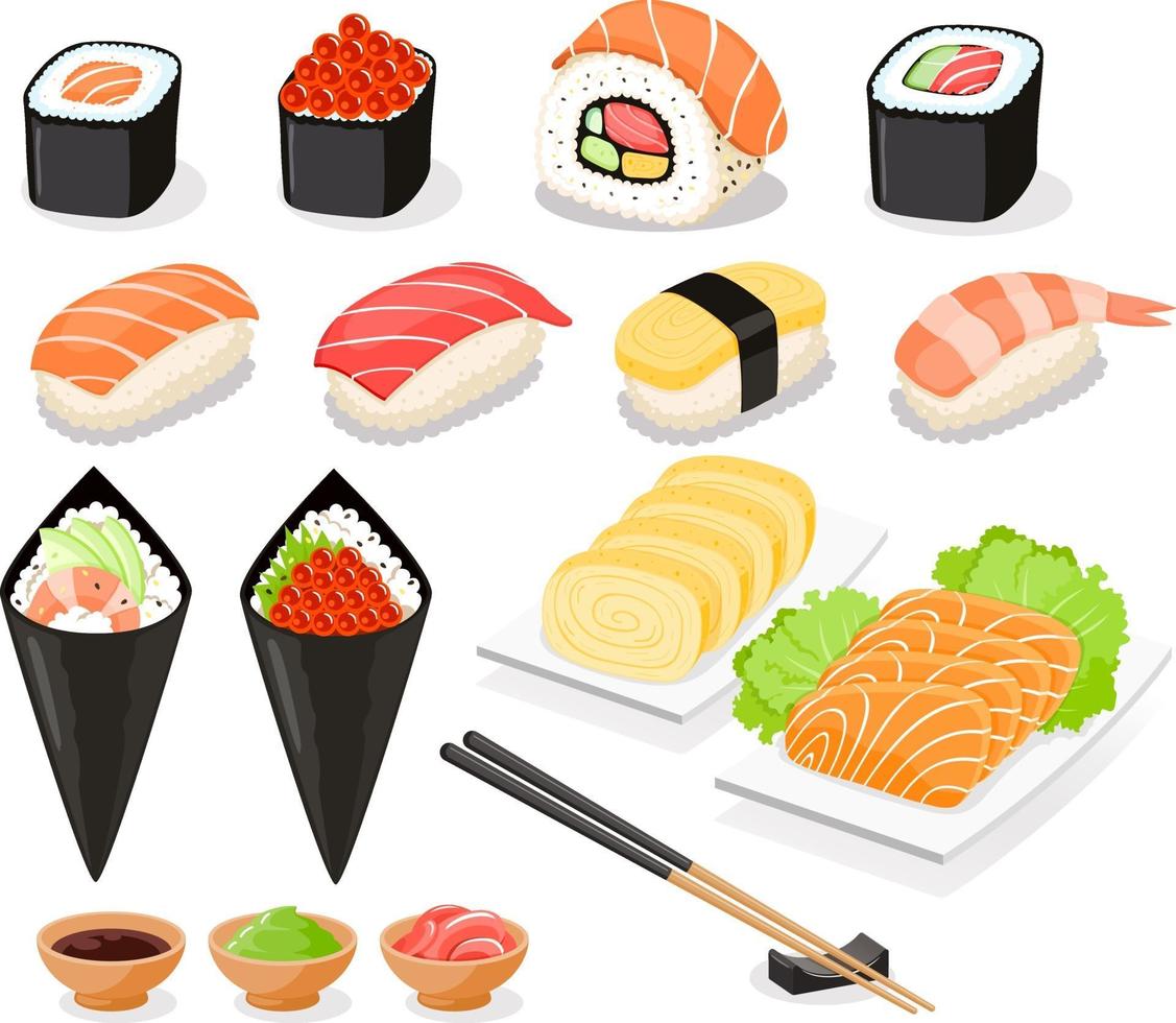 raccolta di sushi icone cibo asia. illustrazioni vettoriali. vettore