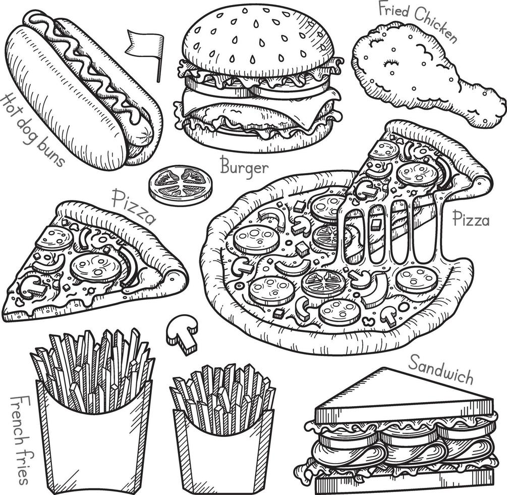 fast food doodle elementi disegnati a mano stile. illustrazioni vettoriali. vettore