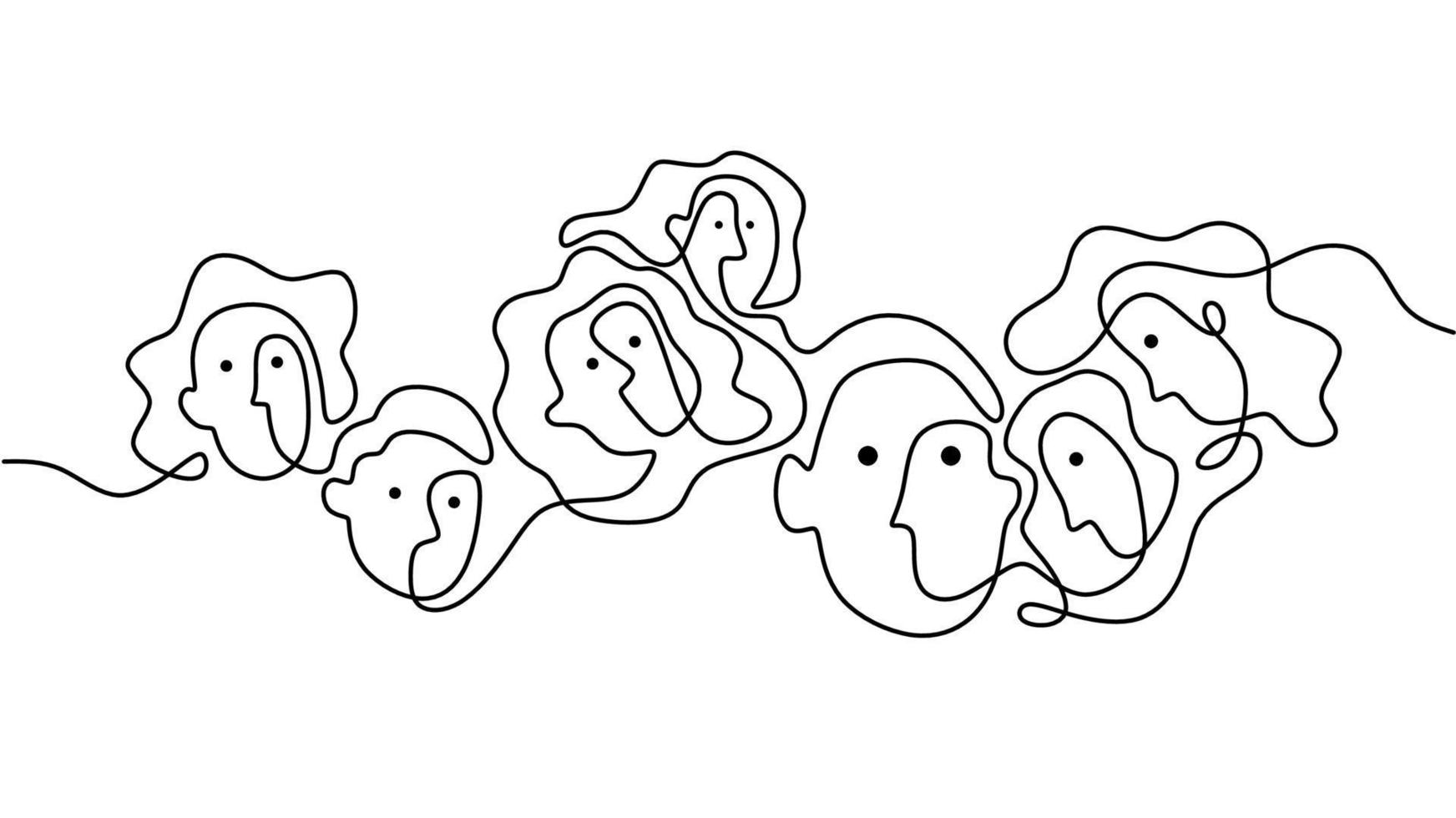 mano disegno uno continuo singolo linea di astratto viso gruppo persone vettore