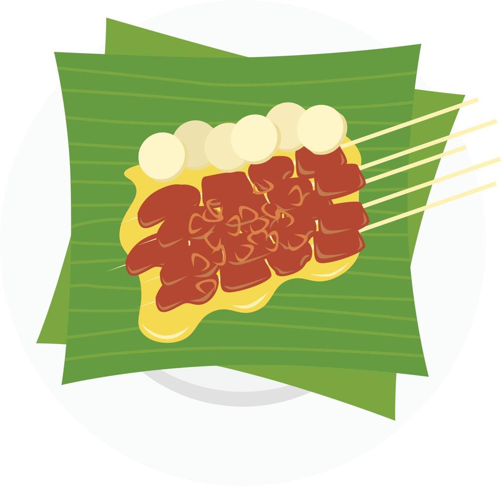 illustrazione di saziare padang, tradizionale spiedo a partire dal Indonesia. saziare Padang fatto a partire dal capra Manzo o frattaglie con giallo salsa fatto a partire dal riso Farina e spezie. adatto per cibo menù e infografica. vettore