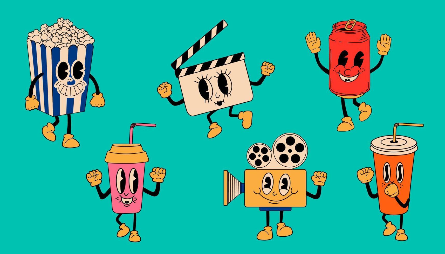 cartone animato cinema personaggi. divertente Popcorn, bibita Potere, video telecamera, ciak. cinematografo divertimento portafortuna manifesto vettore illustrazione impostato