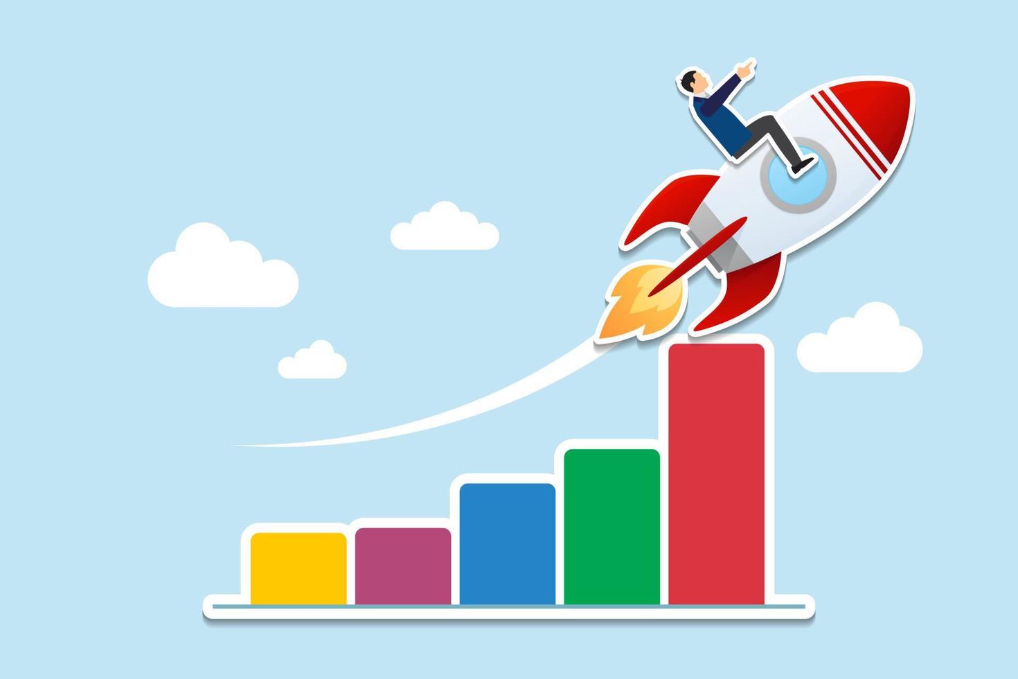 attività commerciale crescita profitto aumento, in crescita o miglioramento i saldi e reddito, progresso o sviluppo concetto, uomo d'affari equitazione razzo su crescita bar grafico o crescente su reddito grafico. carta tagliare stile vettore