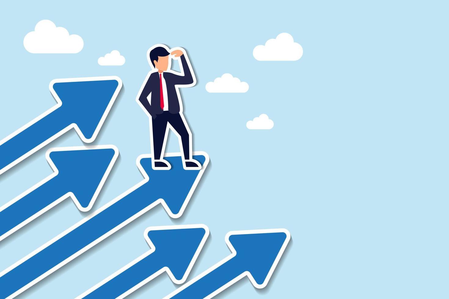 azienda successo in movimento inoltrare, sfida o crescita per progresso, ambizione o motivazione per miglioramento concetto, fiducia uomo d'affari in piedi su in crescita frecce puntamento su nel il cielo Il prossimo bersaglio vettore