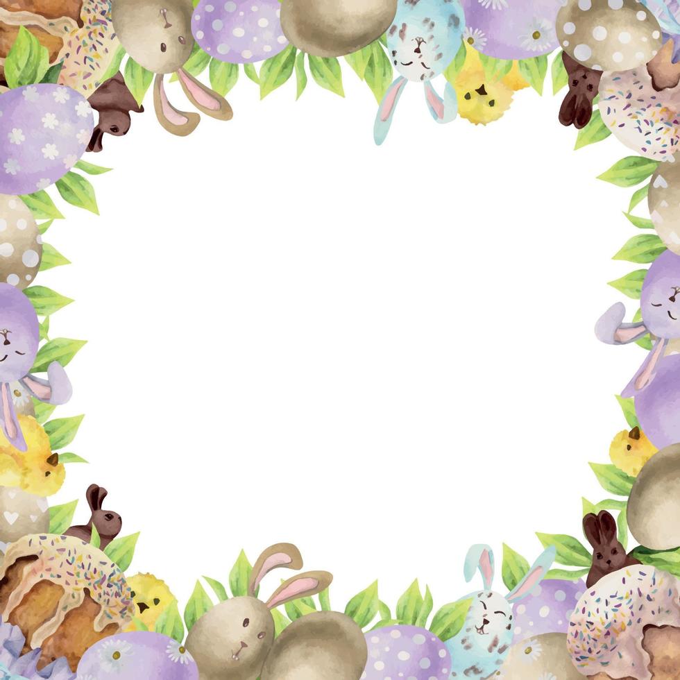 acquerello mano disegnato Pasqua celebrazione clipart. confine telaio con uova, foglie, coniglietti, pollo, kulich pane. isolato su bianca sfondo. per inviti, i regali, saluto carte, Stampa, tessile vettore