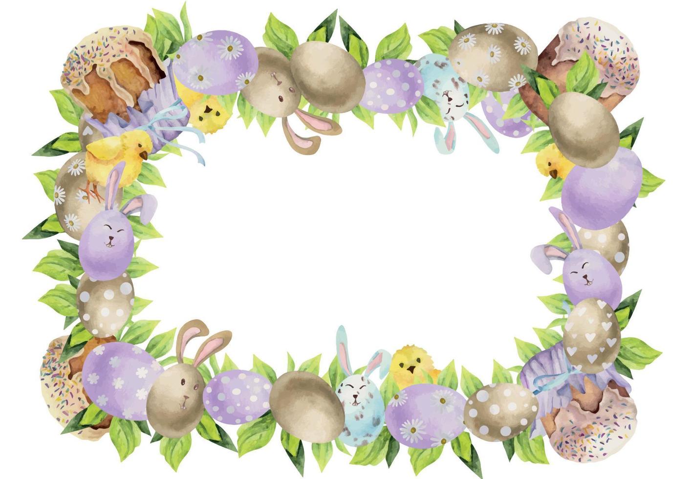 acquerello mano disegnato Pasqua celebrazione clipart. confine telaio con uova, foglie, coniglietti, pollo, kulich pane. isolato su bianca sfondo. per inviti, i regali, saluto carte, Stampa, tessile vettore