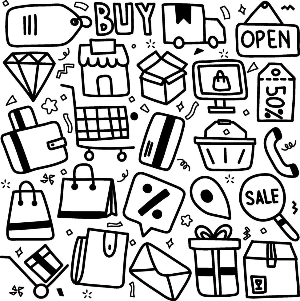 set di illustrazione vettoriale disegnato a mano del segno dello shopping online