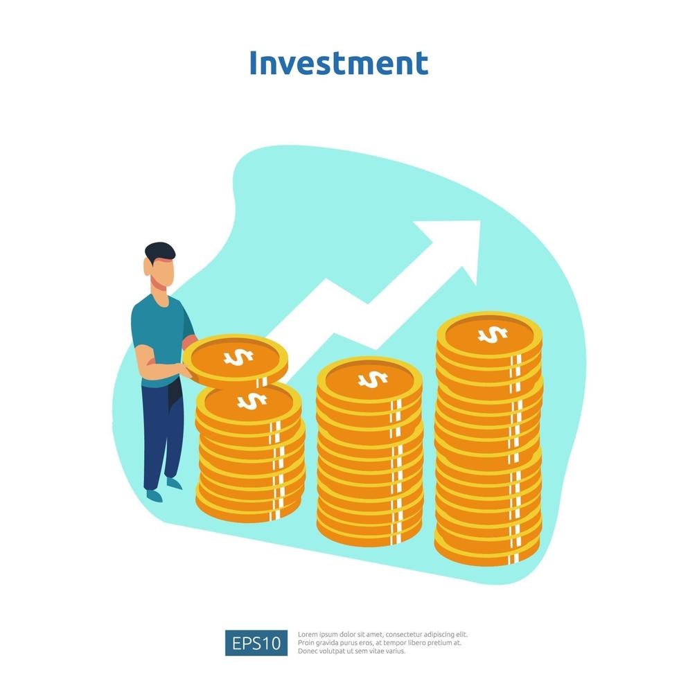 finanziare la performance del ritorno sul capitale investito. illustrazione di concetto di aumento del tasso di stipendio del reddito con carattere e freccia di persone. crescita dei profitti aziendali, vendita crescere i ricavi del margine con il simbolo del dollaro vettore