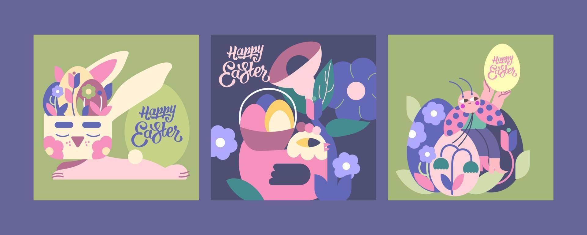 3 illustrazioni per contento Pasqua giorno. carino personaggio Tenere Pasqua uova coniglietto, pollo e coccinella. Questo design immerge voi nel il vacanza e primavera. Perfetto per il tuo progetto vettore