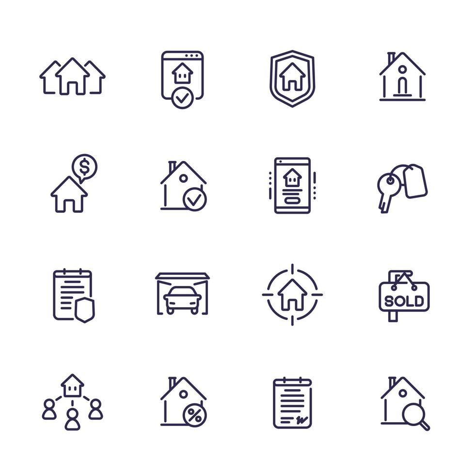 set di icone di linea immobiliare, case in affitto, mutuo, insurance.eps vettore