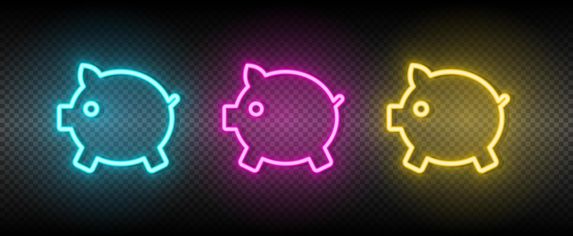 Contanti, i soldi, porcellino banca neon vettore icona. illustrazione neon blu, giallo, rosso icona impostato