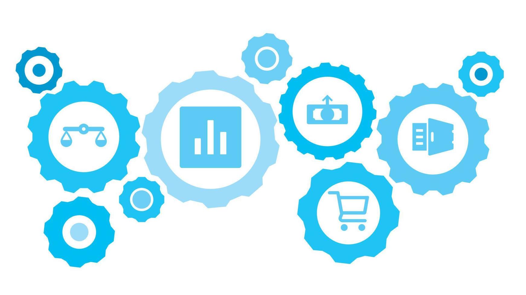 collegato ingranaggi e vettore icone per logistica, servizio, spedizione, distribuzione, trasporto, mercato, comunicare concetti. Borsa, mercato, negozio Ingranaggio blu icona impostato su bianca sfondo