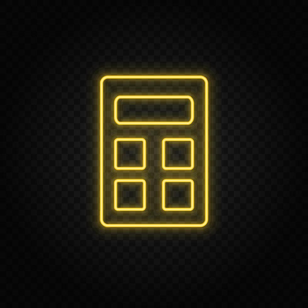 giallo neon icona calcolatrice. trasparente sfondo. giallo neon vettore icona su buio sfondo