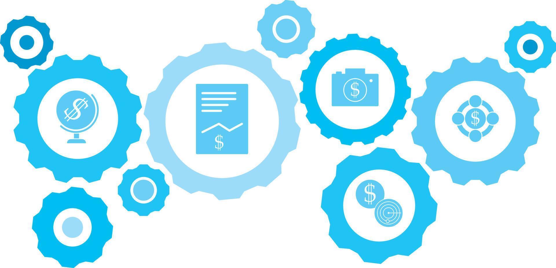 collegato ingranaggi e vettore icone per logistica, servizio, spedizione, distribuzione, trasporto, mercato, comunicare concetti. Ingranaggio blu icona setaccordo, attività commerciale .