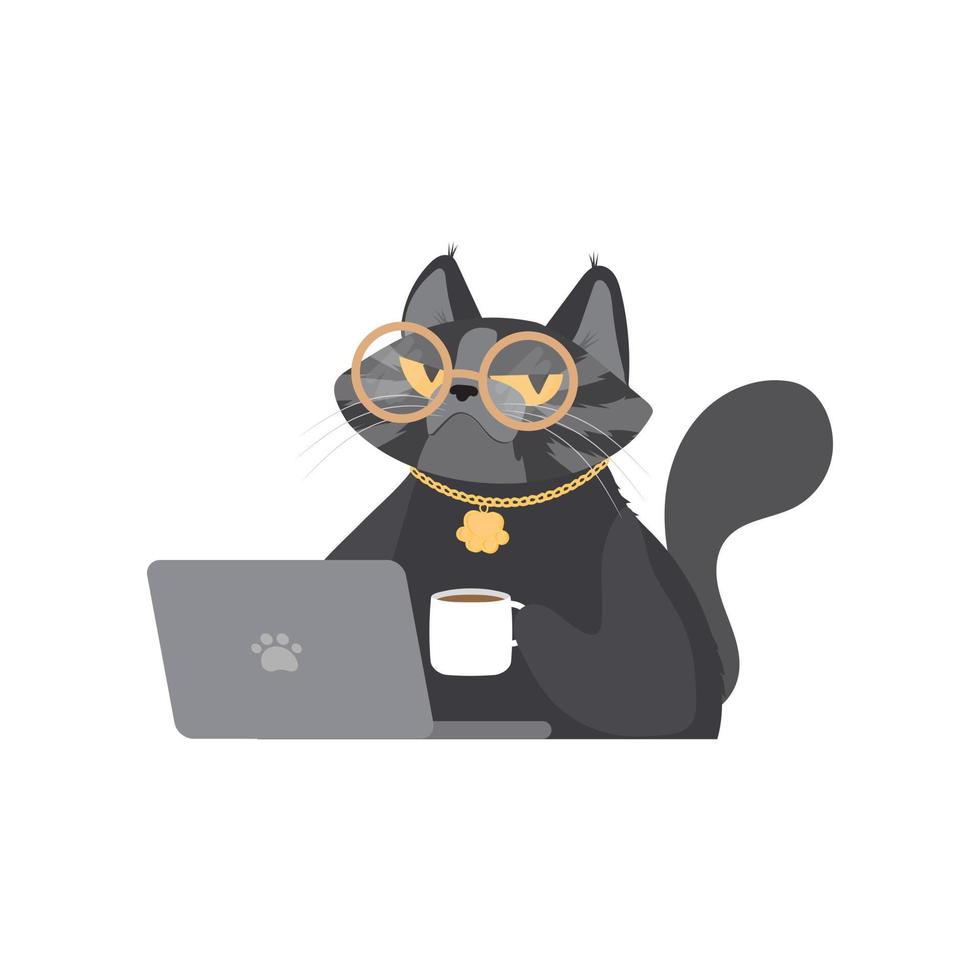 il gatto abbraccia una grande tazza di caffè. illustrazione vettoriale per caffè. isolato su sfondo bianco. può essere utilizzato per menu, logo o volantino, biglietto di auguri, t-shirt di design, stampa o poster.