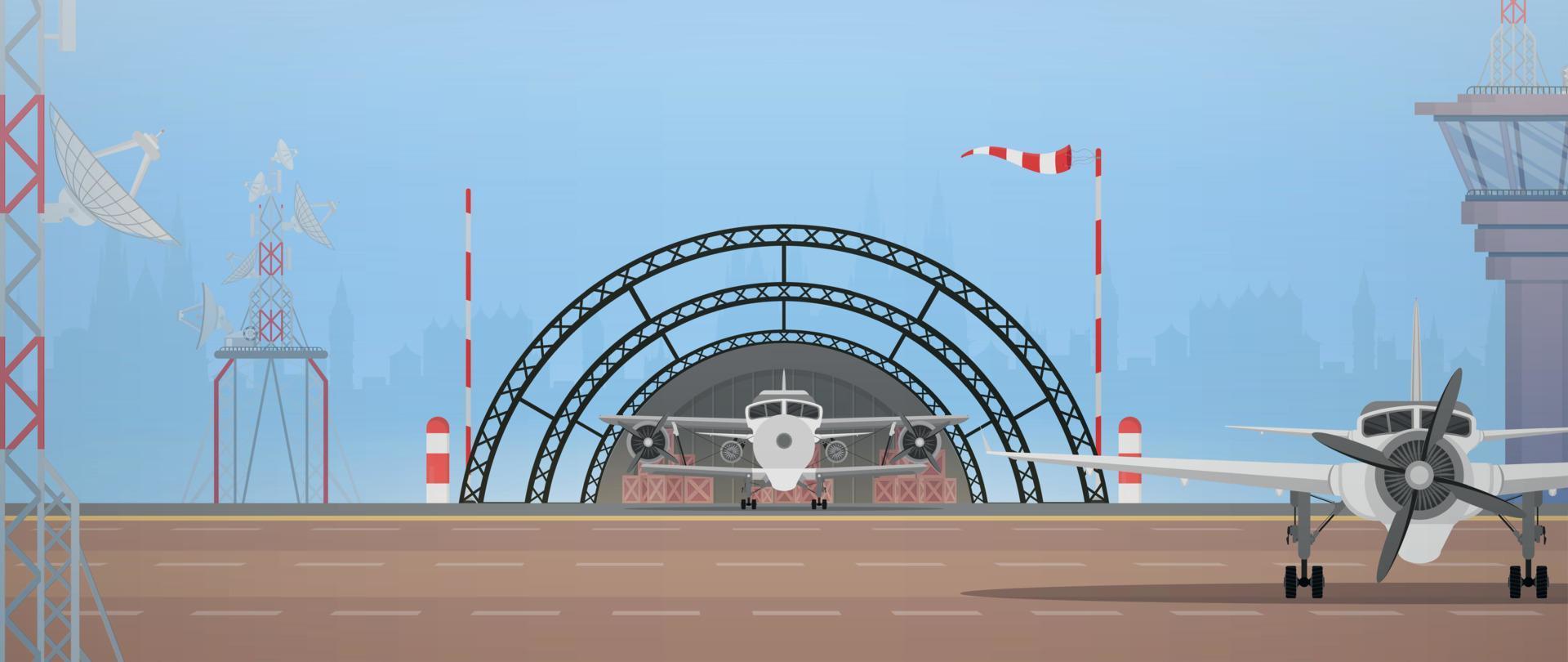 militare aeroporto, decollare striscia e volo controllo punto. cartone animato stile. vettore