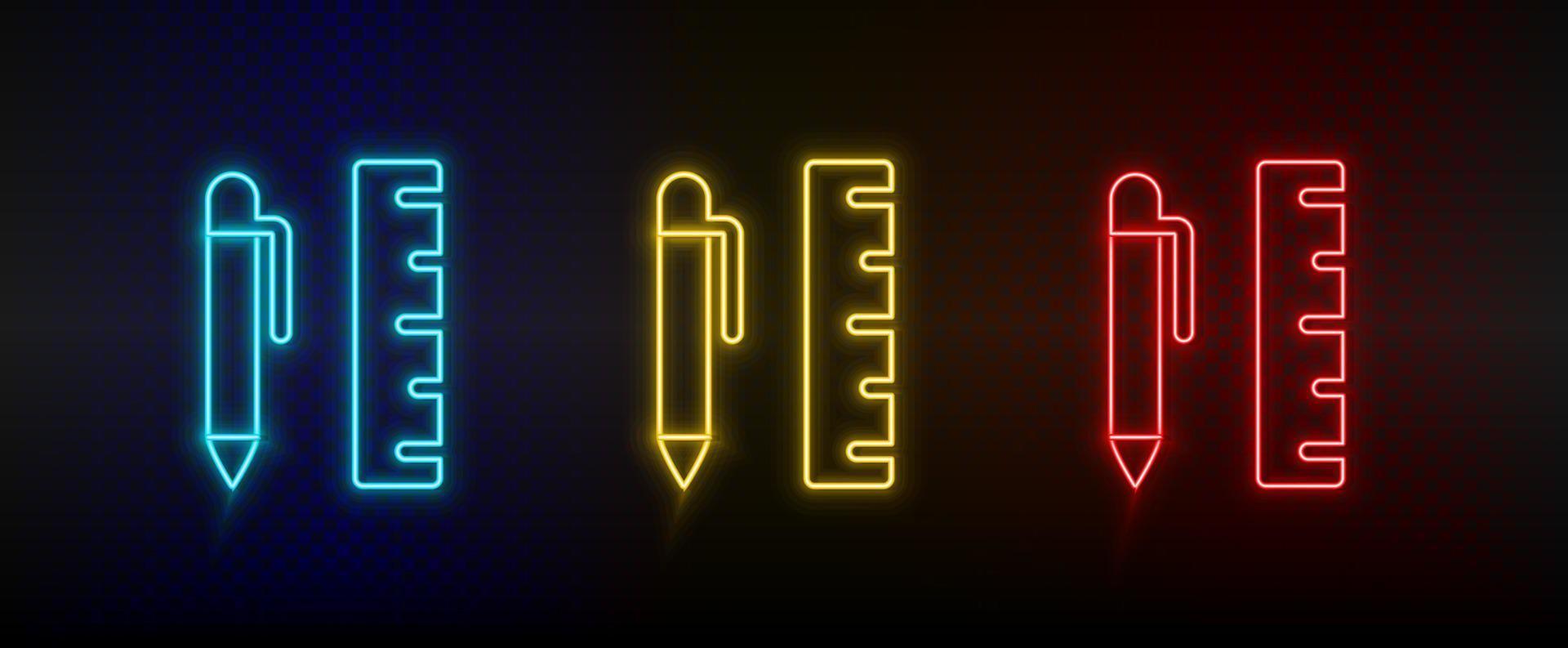 neon icone, penna a sfera, governate, scala. impostato di rosso, blu, giallo neon vettore icona su scurire trasparente sfondo