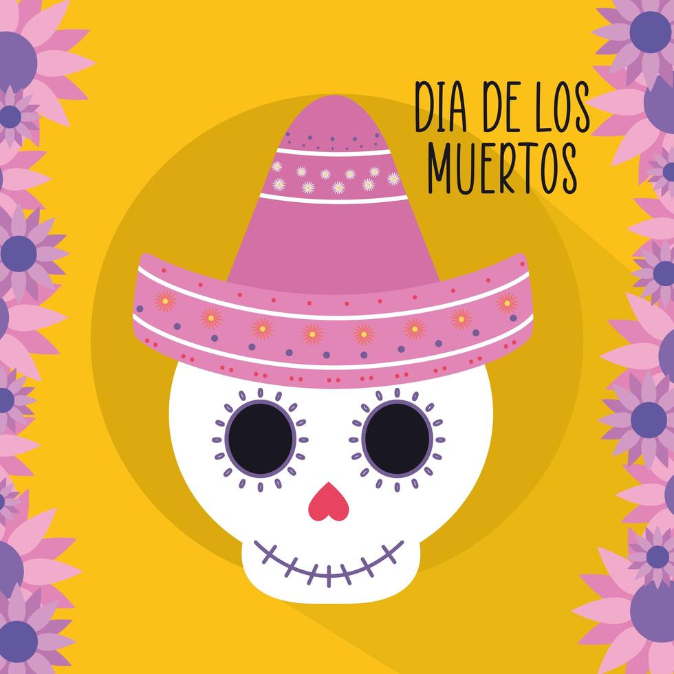messicano giorno dei morti teschio con cappello sombrero e fiori disegno vettoriale