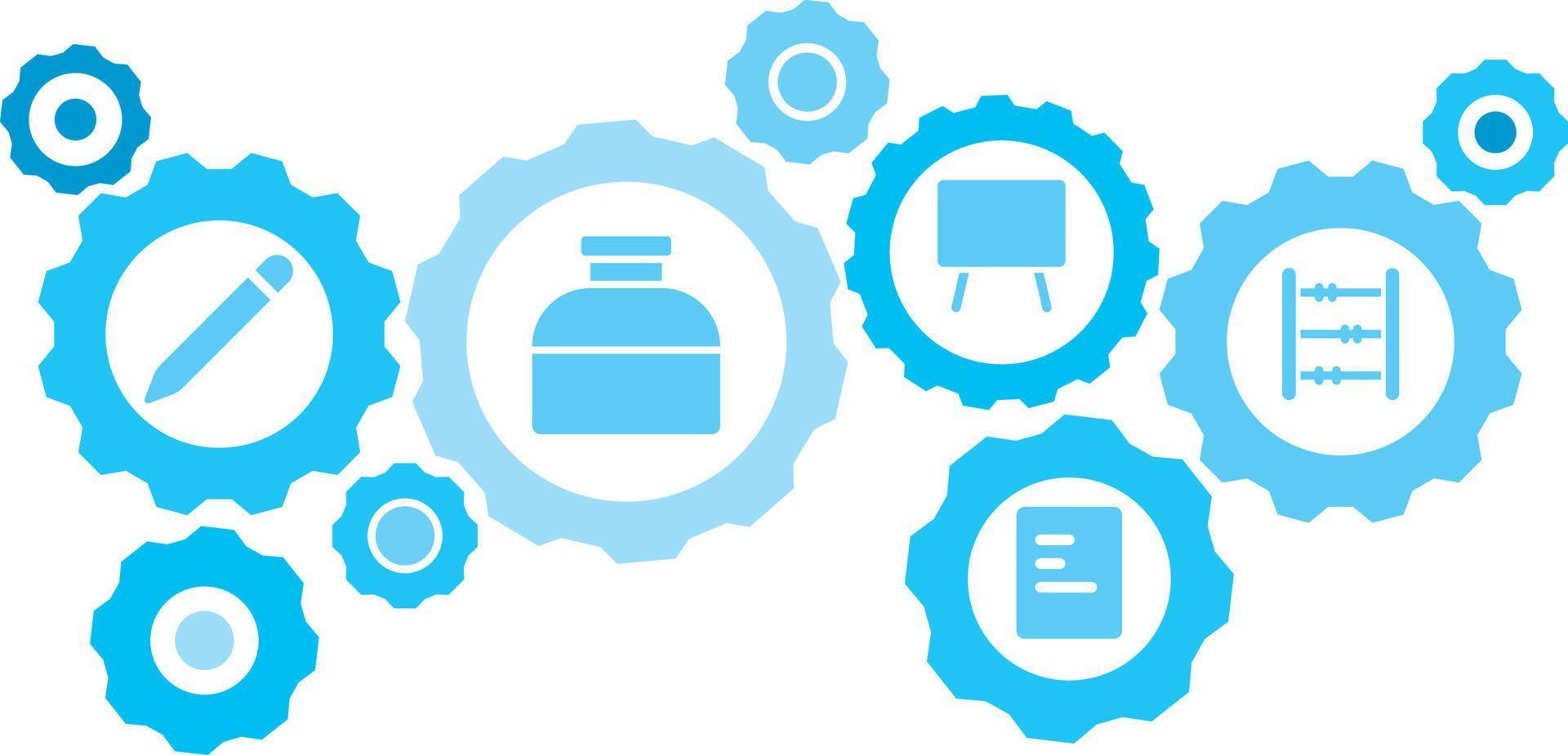 collegato ingranaggi e icone per logistica, servizio, spedizione, distribuzione, trasporto, mercato, comunicare concetti, abaco, conteggio Ingranaggio blu icona impostare. consegna meccanismo concetto. su bianca sfondo vettore
