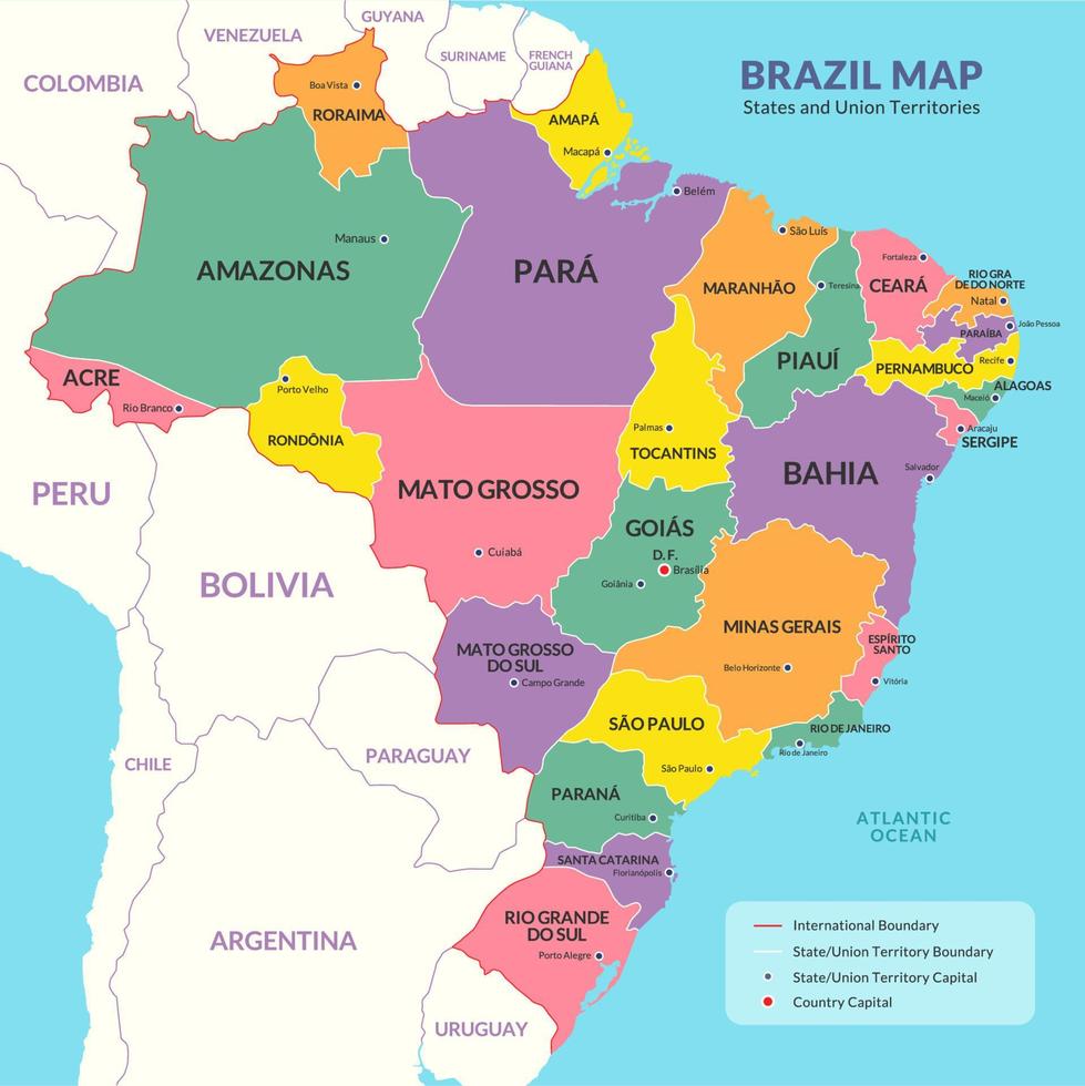 carta geografica di brasile con circostante frontiere vettore