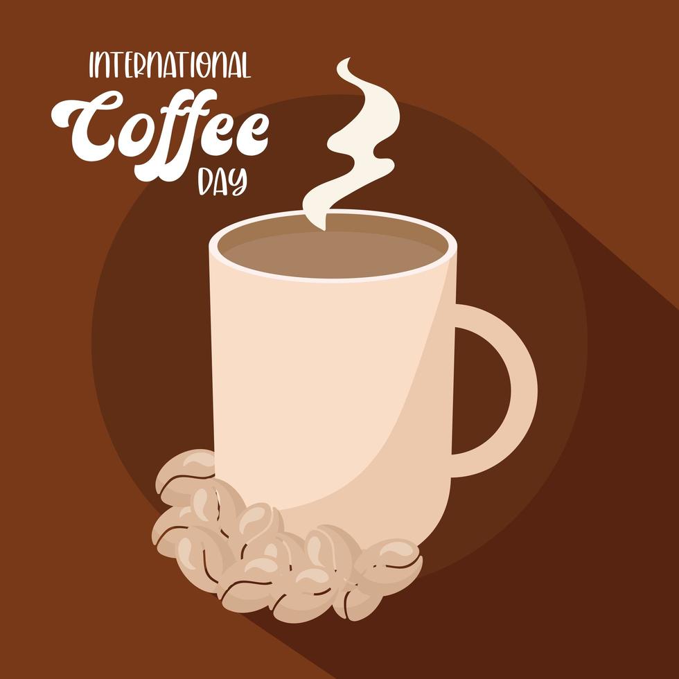 giornata internazionale del caffè con disegno vettoriale tazza calda e fagioli