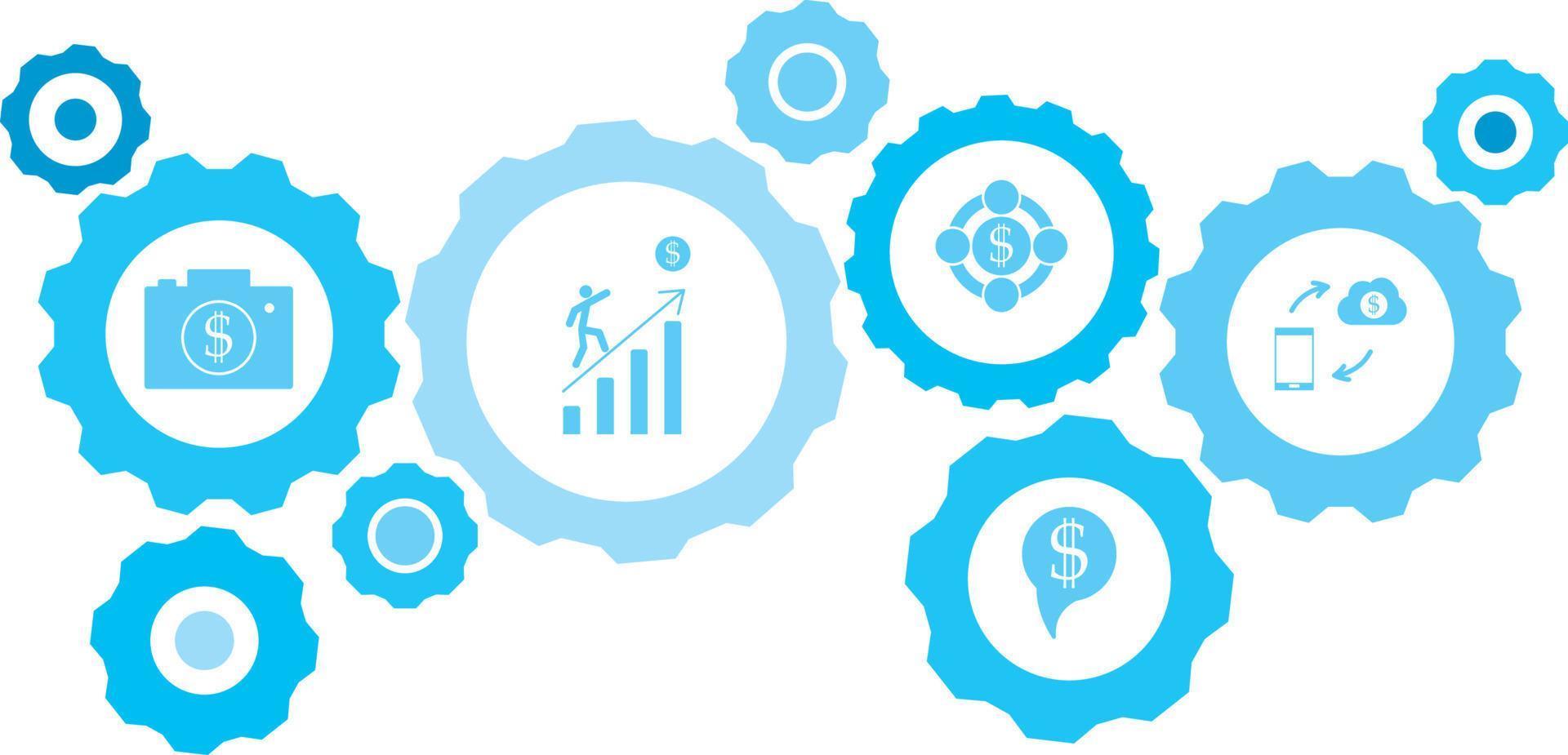 collegato ingranaggi e vettore icone per logistica, servizio, spedizione, distribuzione, trasporto, mercato, comunicare concetti. Ingranaggio blu icona setaccordo, attività commerciale .