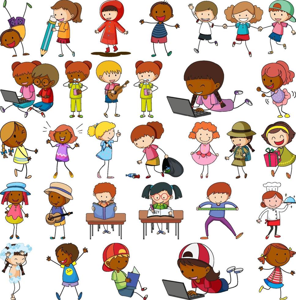 set di diversi doodle kids personaggio dei cartoni animati isolato vettore