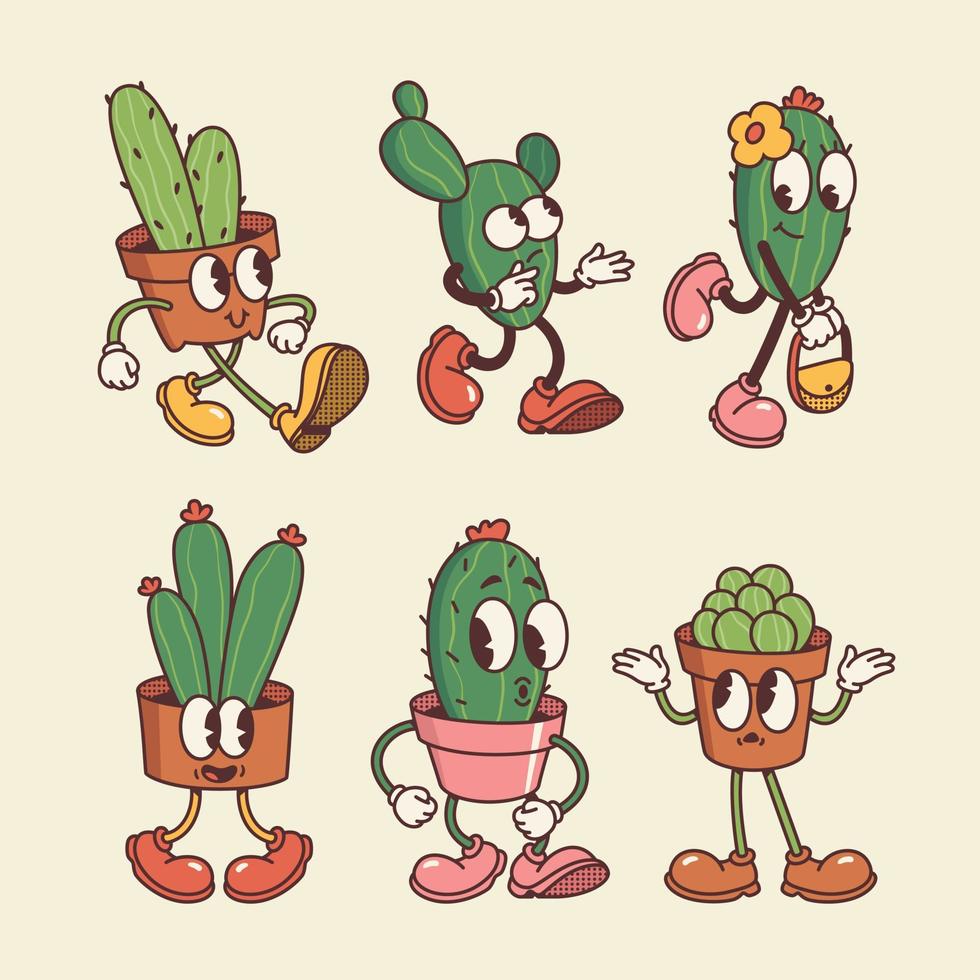 mano disegnato retrò cartone animato cactus collezione vettore