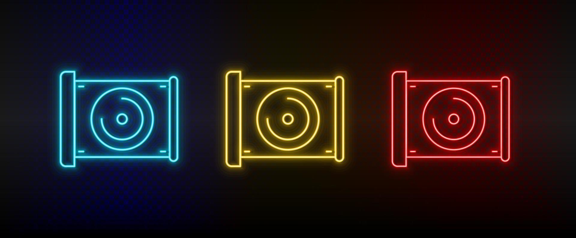 neon icona impostato Audio CD. impostato di rosso, blu, giallo neon vettore icona su trasparenza buio sfondo