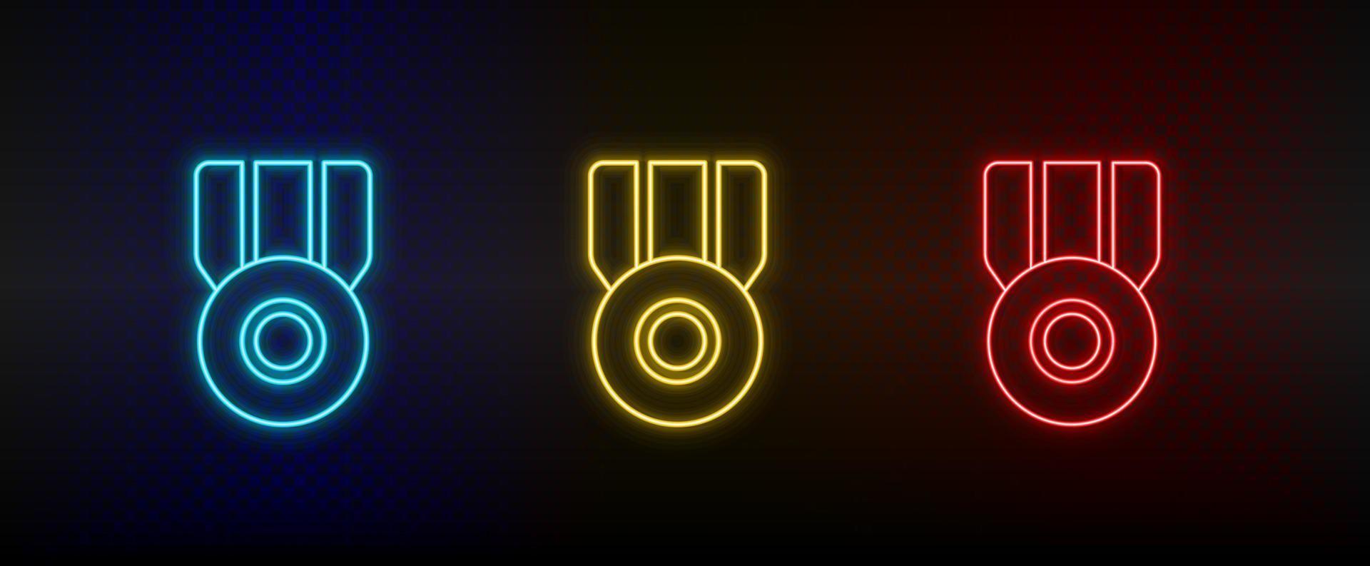 neon icone, medaglia, premio. impostato di rosso, blu, giallo neon vettore icona su scurire trasparente sfondo