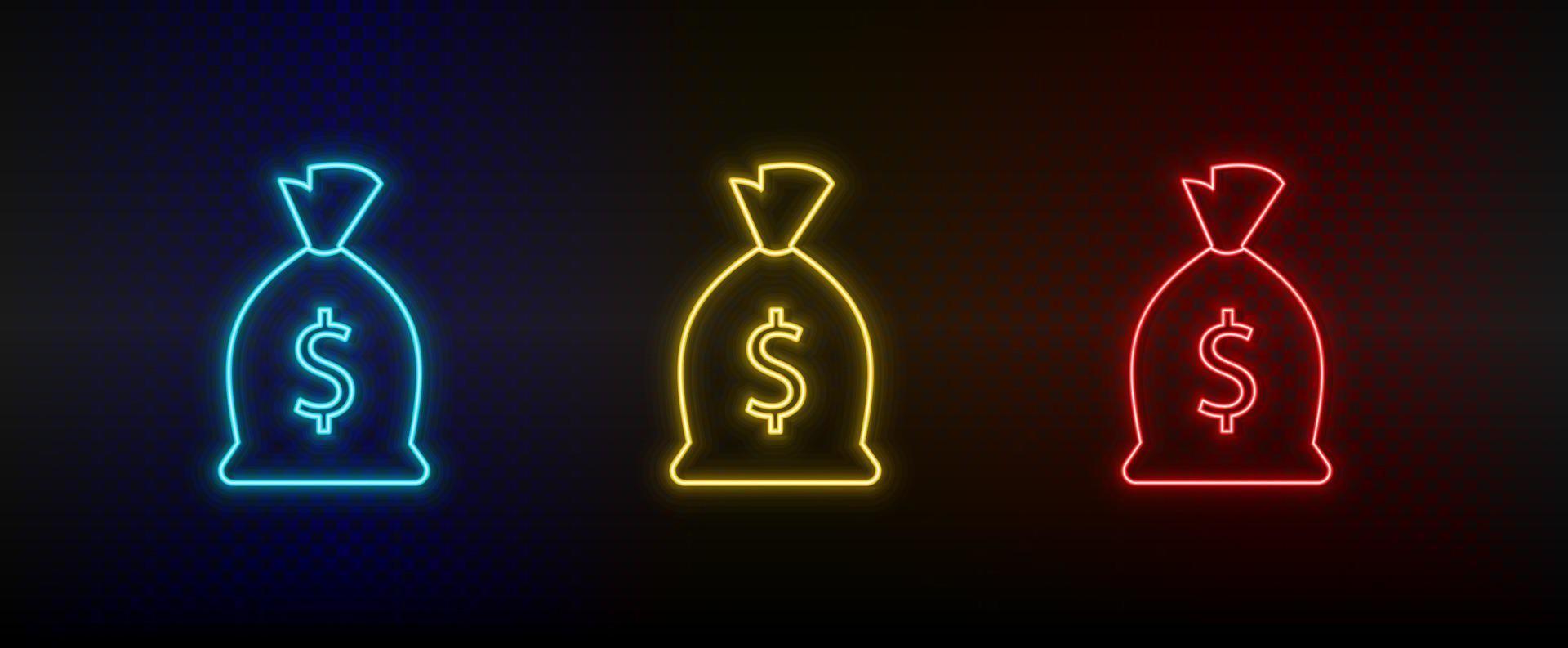 neon icona impostato finanza, investimento. impostato di rosso, blu, giallo neon vettore icona su trasparenza buio sfondo