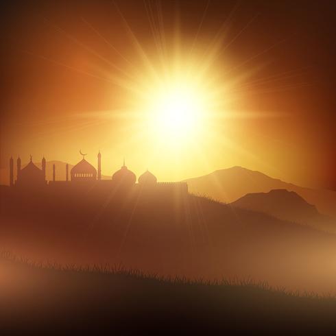 Sfondo di Ramadan con moschee al tramonto vettore