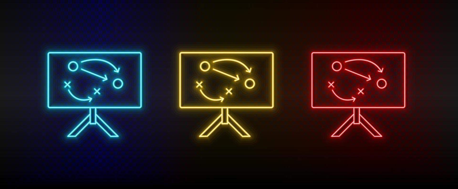 neon icona impostato attività commerciale, Piano. impostato di rosso, blu, giallo neon vettore icona su trasparenza buio sfondo