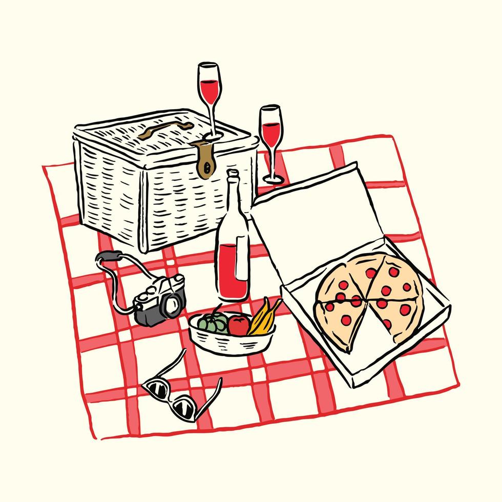 estetico disegnato a mano picnic scena illustrazione linea arte vettore