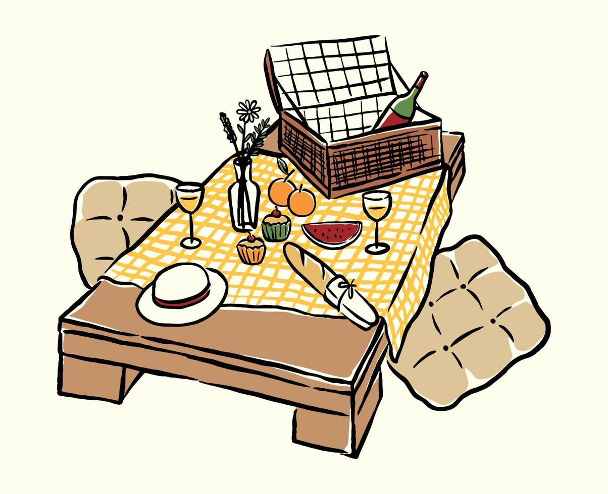 estetico disegnato a mano picnic scena illustrazione linea arte vettore