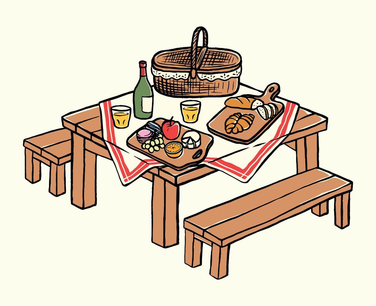 estetico disegnato a mano picnic scena illustrazione linea arte vettore