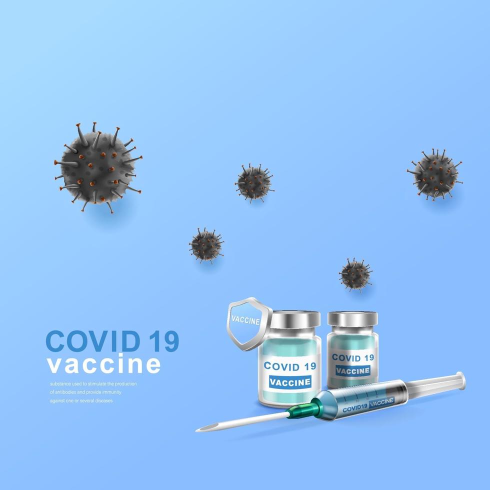 vaccino contro il coronavirus. trattamento di immunizzazione. bottiglia di vaccino e strumento di iniezione della siringa per covid19. illustrazione vettoriale. vettore