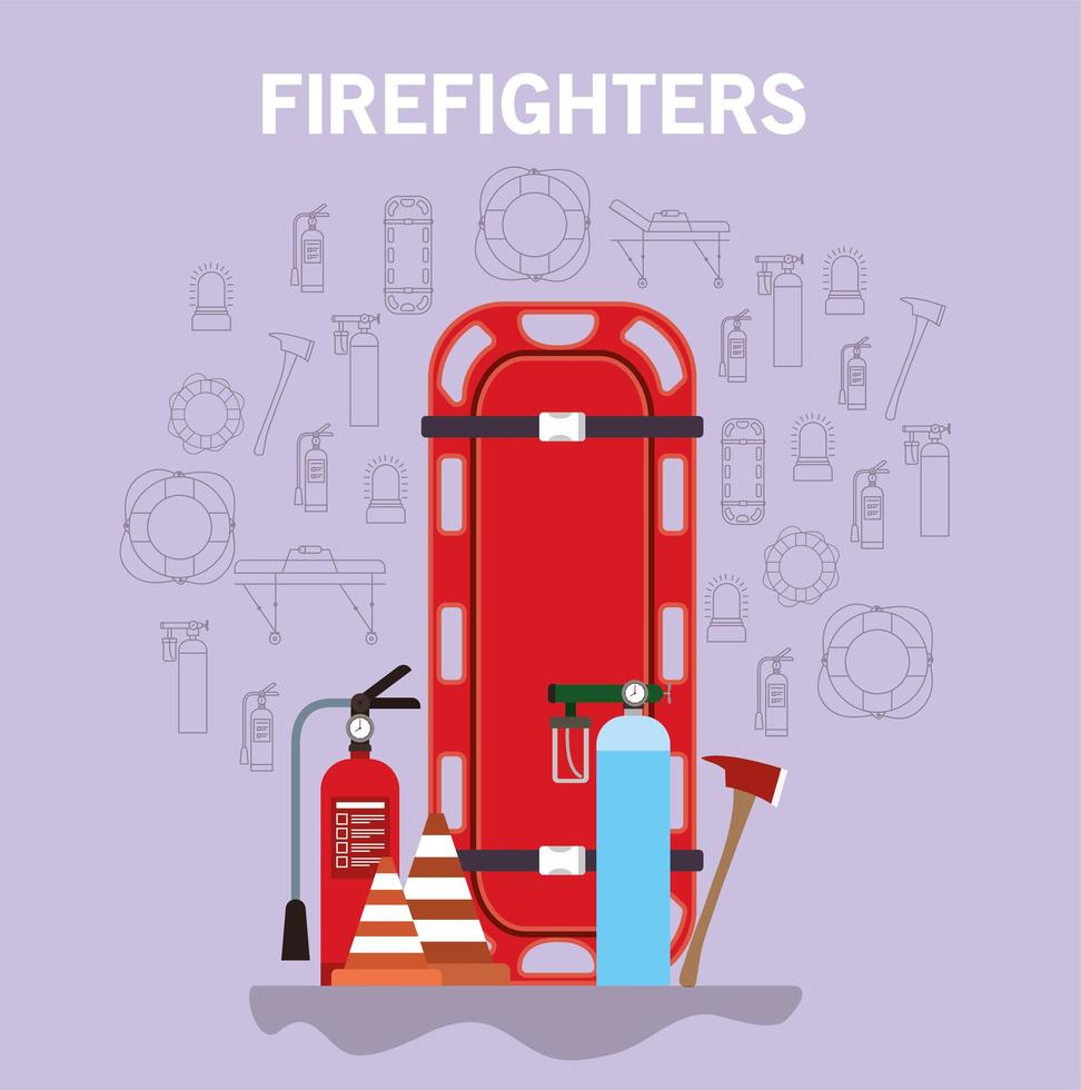 striscione vigile del fuoco con barella ambulanza, bombole di ossigeno ed estintore vettore