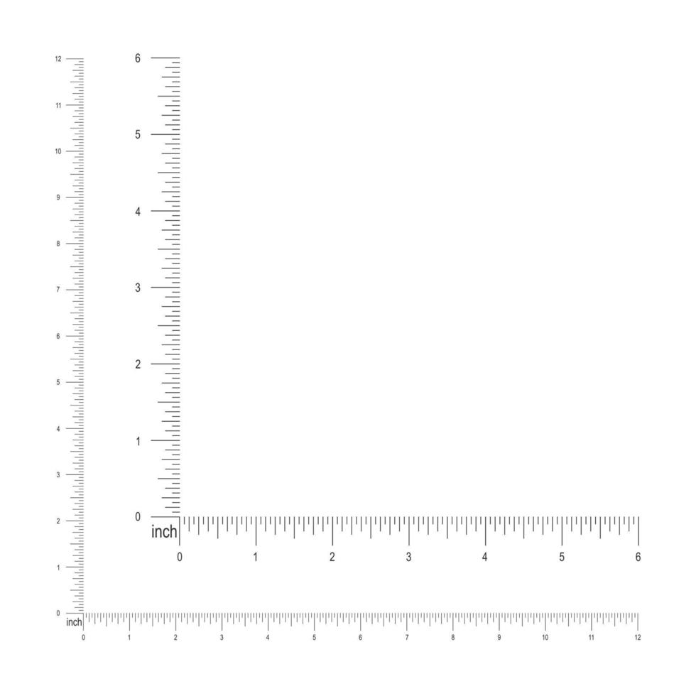6 e 12 pollici o 1 piede angolo righello modello. misurazione attrezzo con imperiale unità verticale e orizzontale markup e numeri vettore