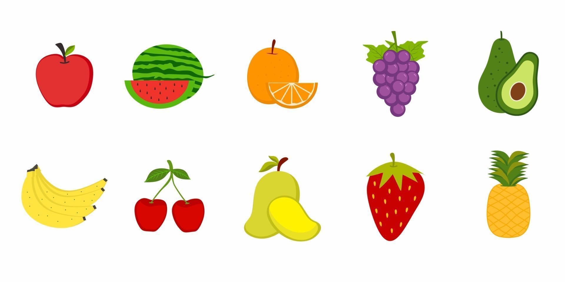 set di icone di frutta. raccolta di alimenti vitaminici. elementi grafici colorati dal design piatto, raccolta di illustrazioni per siti web, app mobili, banner web, grafica informativa, materiali stampati. illustrazione vettoriale