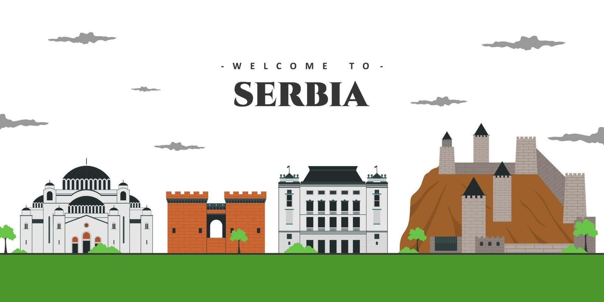 bella vista del paesaggio della città in serbia. punti di riferimento della costruzione architettonica per la visita turistica. benvenuti in serbia cartolina. raccolta di visite turistiche di viaggi di vacanza di paesi del mondo. vettore