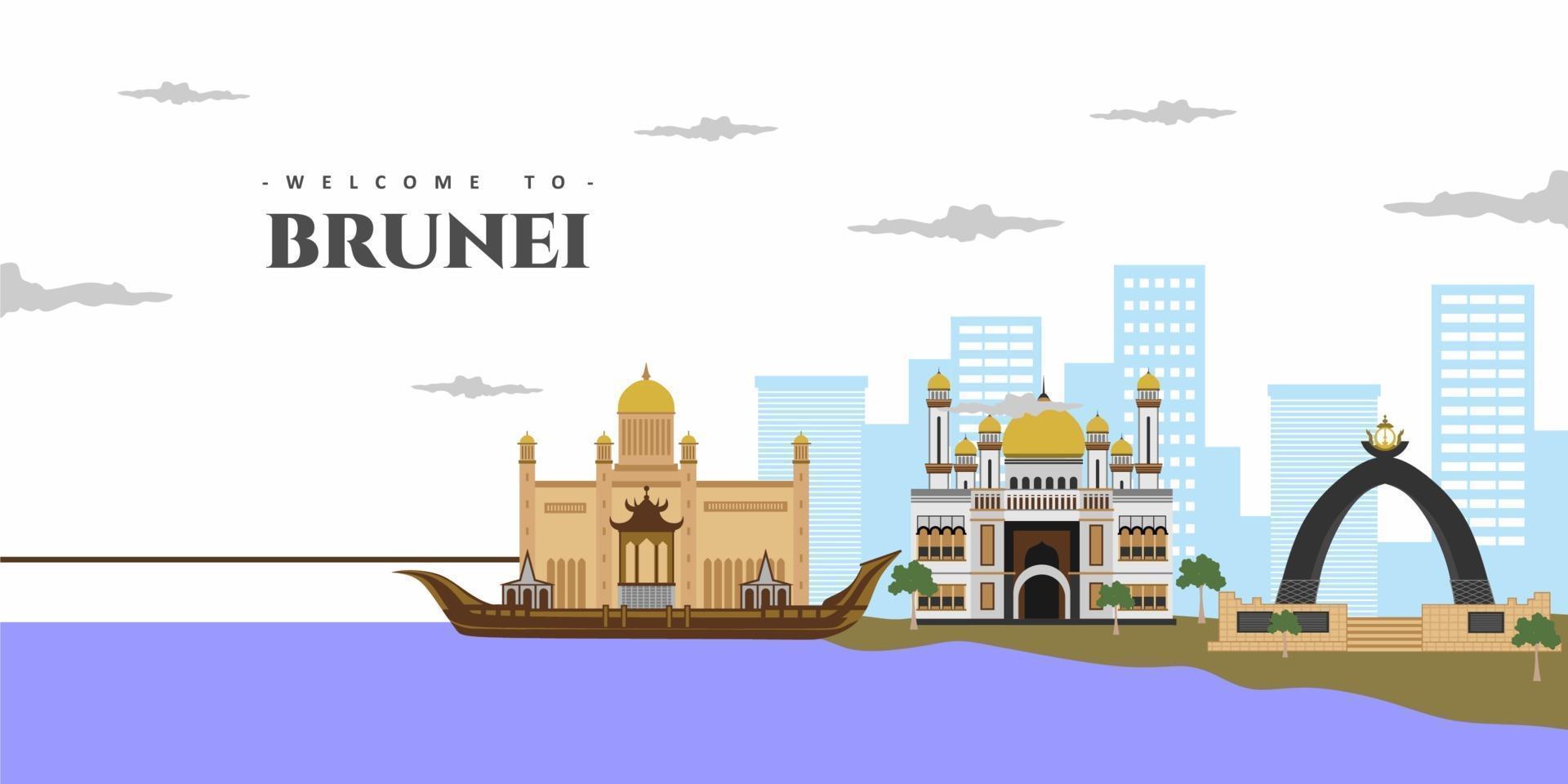 incredibile vista del paesaggio della città del brunei architettura skyline edifici punto di riferimento. benvenuti nella cartolina colorata del brunei. paesi del mondo città vacanze viaggi visite turistiche collezione asia. vettore