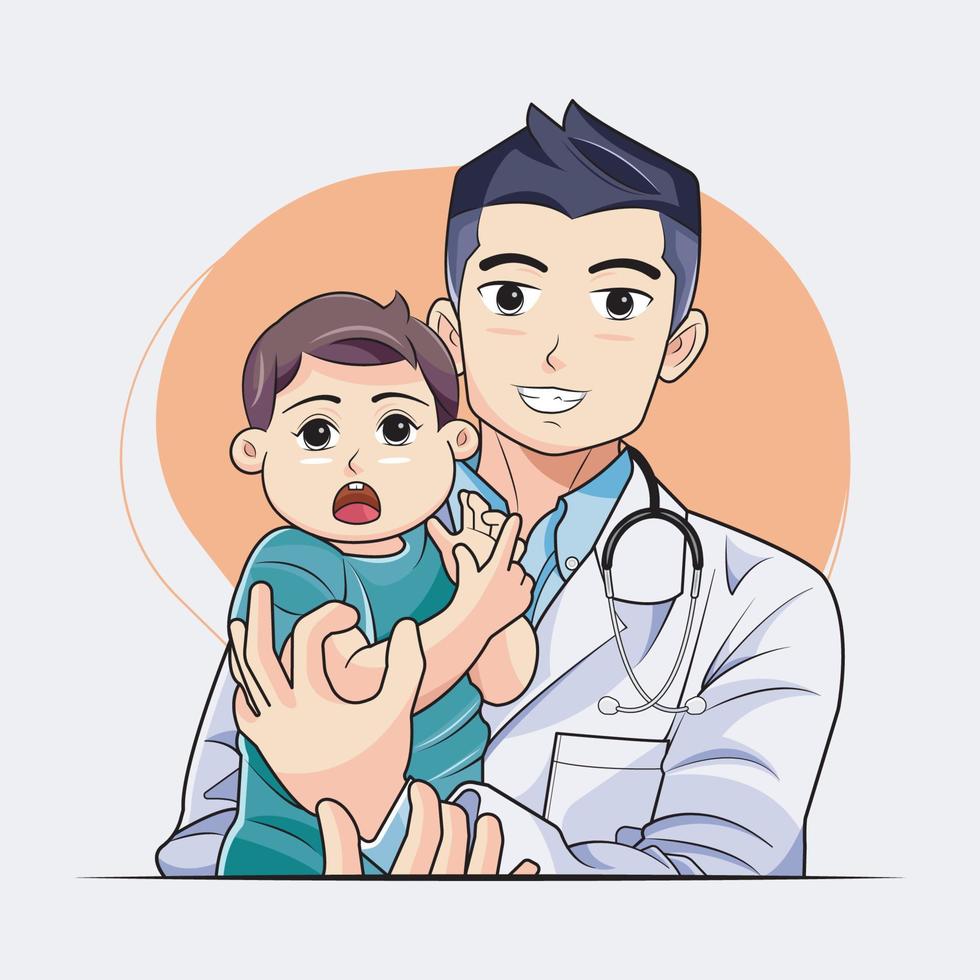 medico e bambino. contento medico Tenere bambino vettore illustrazione gratuito Scarica