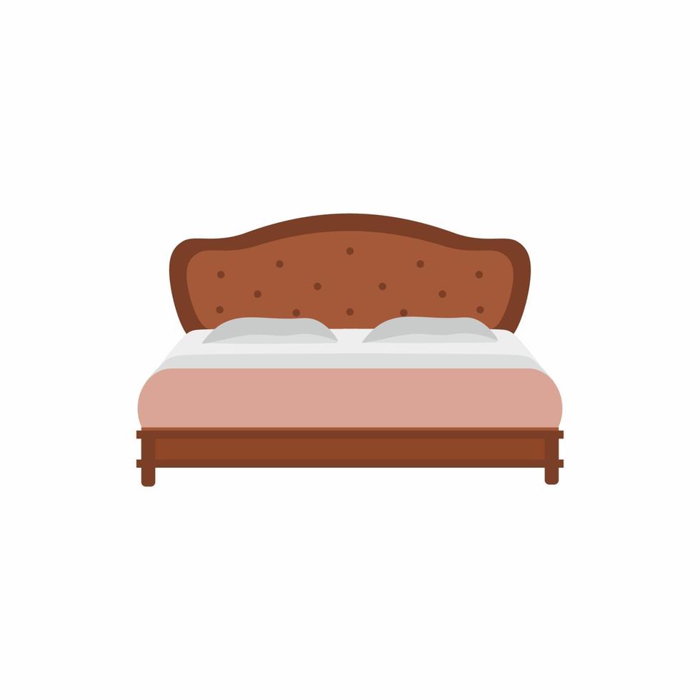 un letto con cuscini in camera da letto. cuscino, coperta comoda, fondotinta per l'arredamento della casa o dell'hotel. illustrazione di cartone animato stile piatto vettoriale con mobili. sfondo di casa