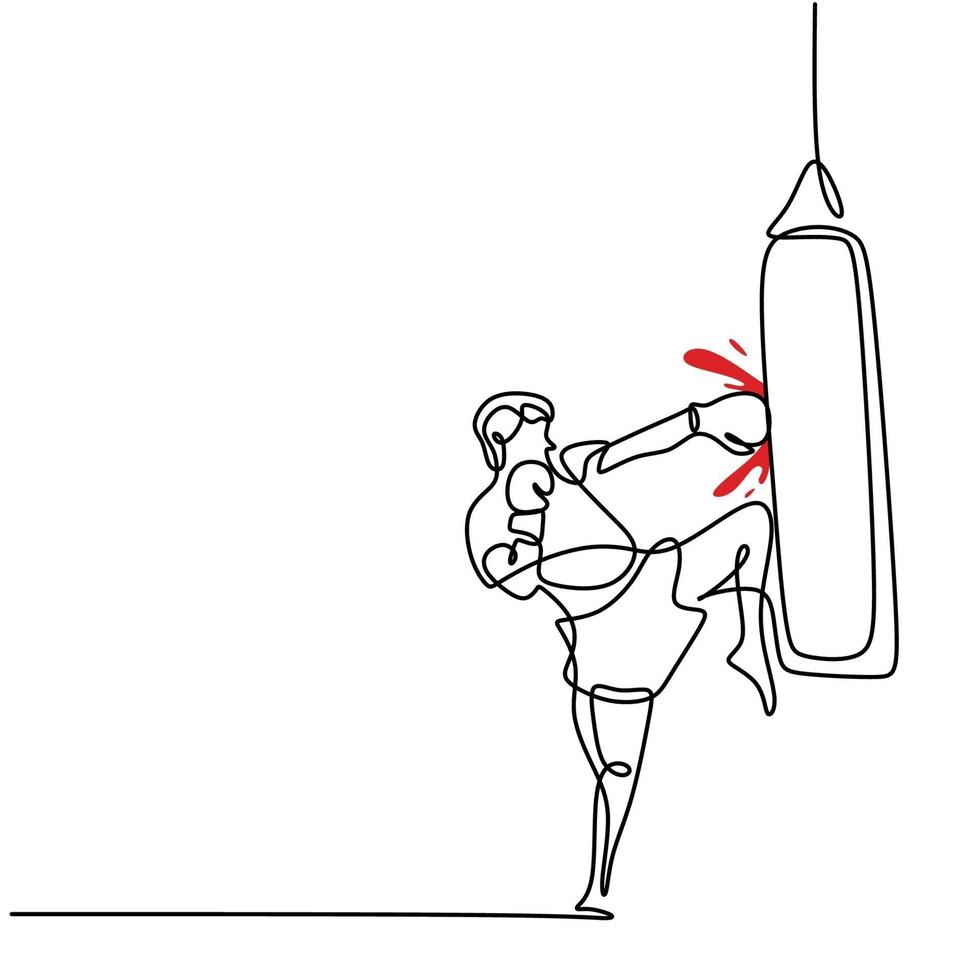 un unico disegno di un giovane pugile energico che pratica l'azione di pugni e calci. il pugile o il combattente fanno un pugno e un calcio. moderno disegno a linea continua per banner campionato di boxe vettore