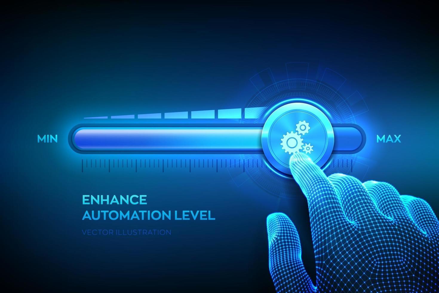 aumento del livello di automazione. rpa robotica automazione dei processi innovazione tecnologica concetto. La mano del wireframe si sta spostando verso la barra di avanzamento della posizione massima con l'icona degli ingranaggi. vettore