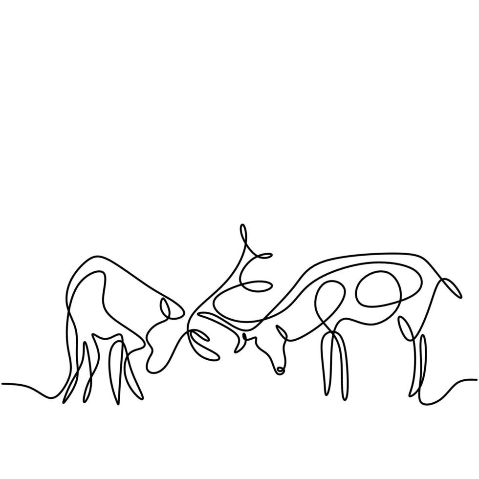 due renne continuo un disegno a tratteggio. due cervi nel design minimalista foresta isolato su sfondo bianco. illustrazione di schizzo della fauna selvatica di vettore di arte di linea disegnata a mano di concetto di animale invernale