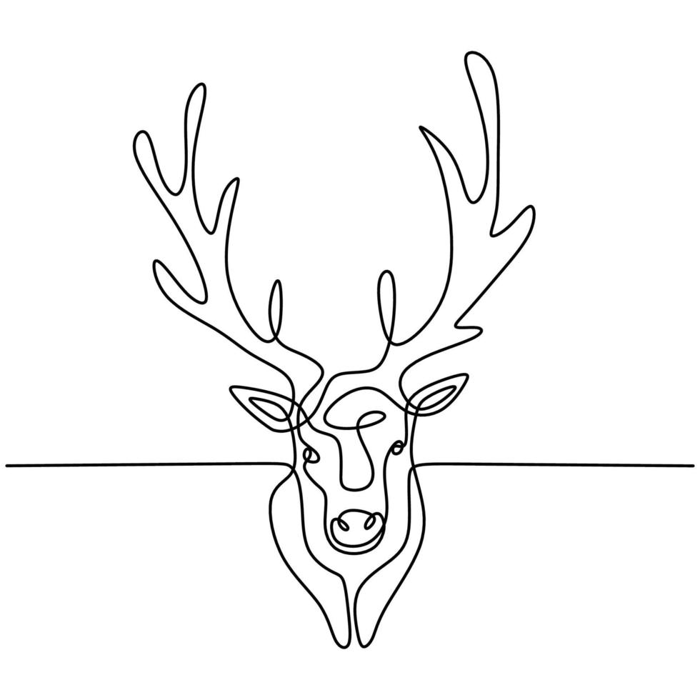 il cervo. disegno continuo di una linea di testa di renna. mascotte animale invernale isolato su sfondo bianco. natale simbolo animale disegnato a mano schizzo minimalismo design. illustrazione vettoriale